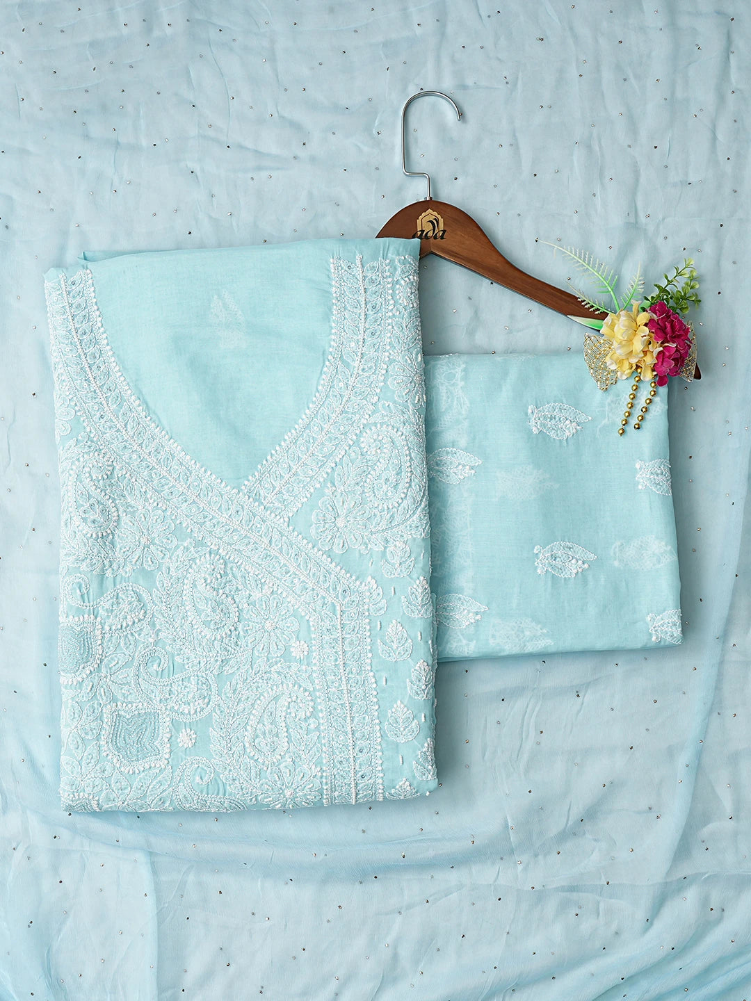 Ada Hand Embroidered Pale Azure Blue Cotton Lucknowi Chikankari Unstitched Suit Piece With Cutdana Work 01A787564