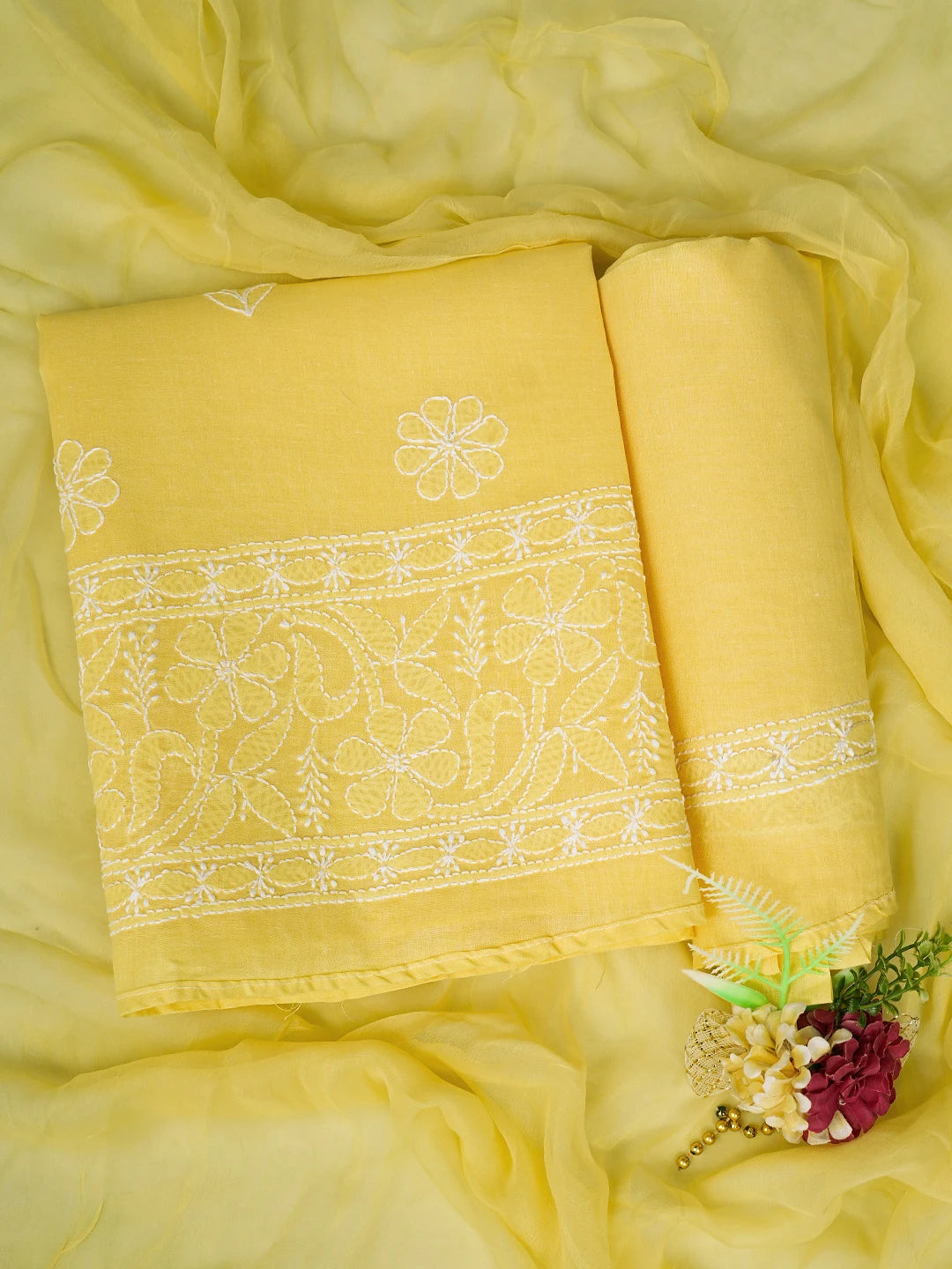 Ada Hand Embroidered Yellow Cotton Lucknowi Chikankari Unstitched Suit Piece 01A818694