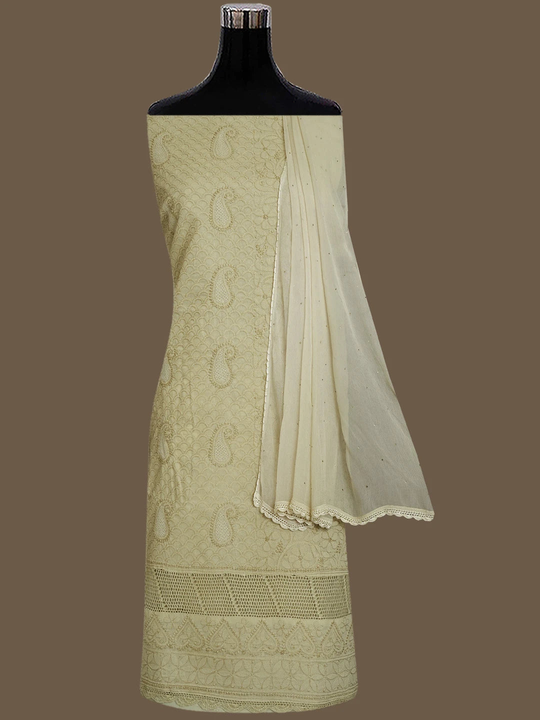 Ada Hand Embroidered Sand Brown Cotton Lucknowi Chikankari Unstitched Suit Piece With Mukaish Work 01A839485