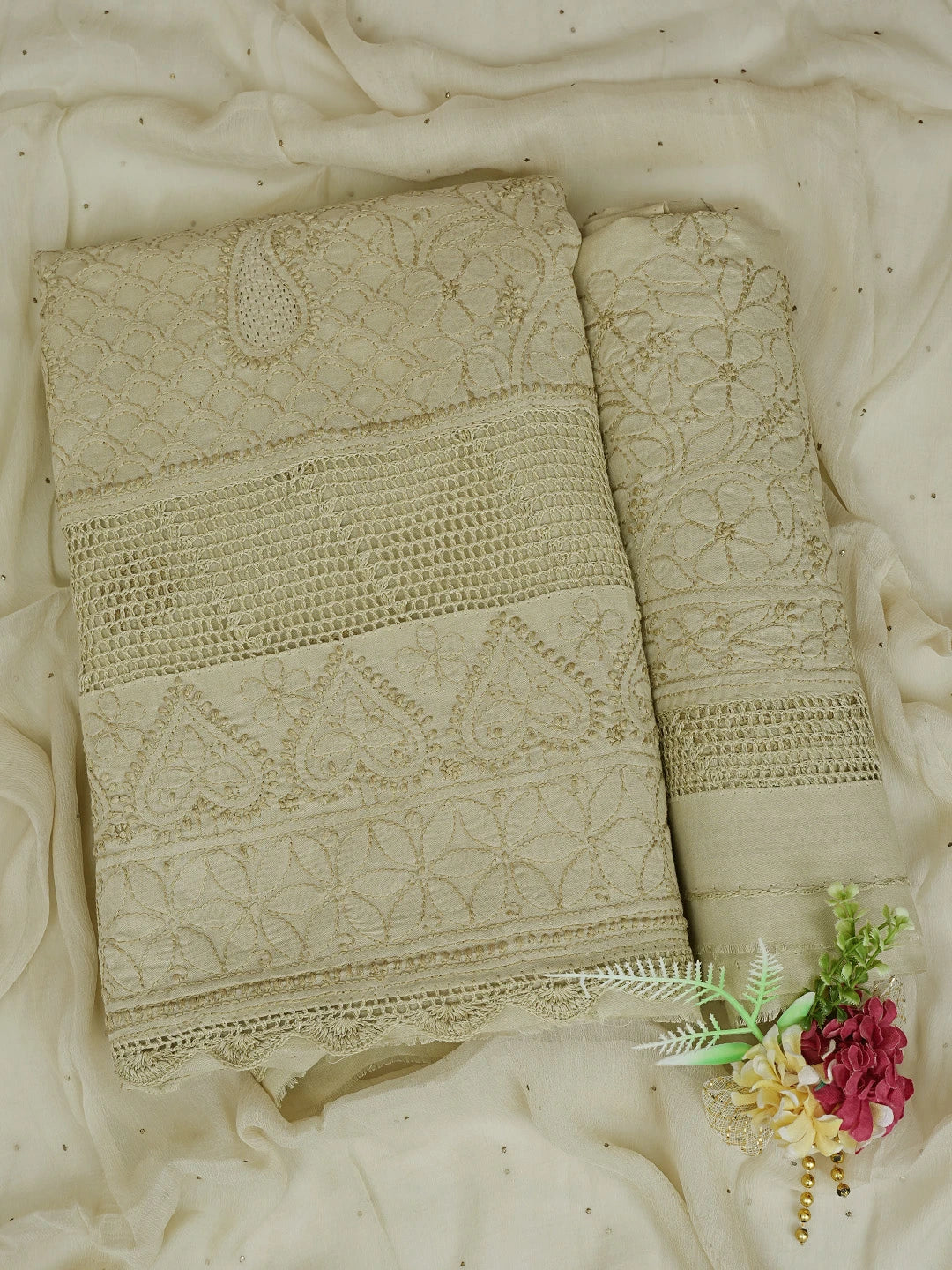 Ada Hand Embroidered Sand Brown Cotton Lucknowi Chikankari Unstitched Suit Piece With Mukaish Work 01A839485
