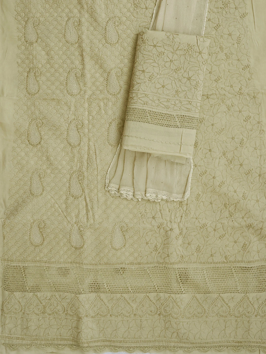 Ada Hand Embroidered Sand Brown Cotton Lucknowi Chikankari Unstitched Suit Piece With Mukaish Work 01A839485
