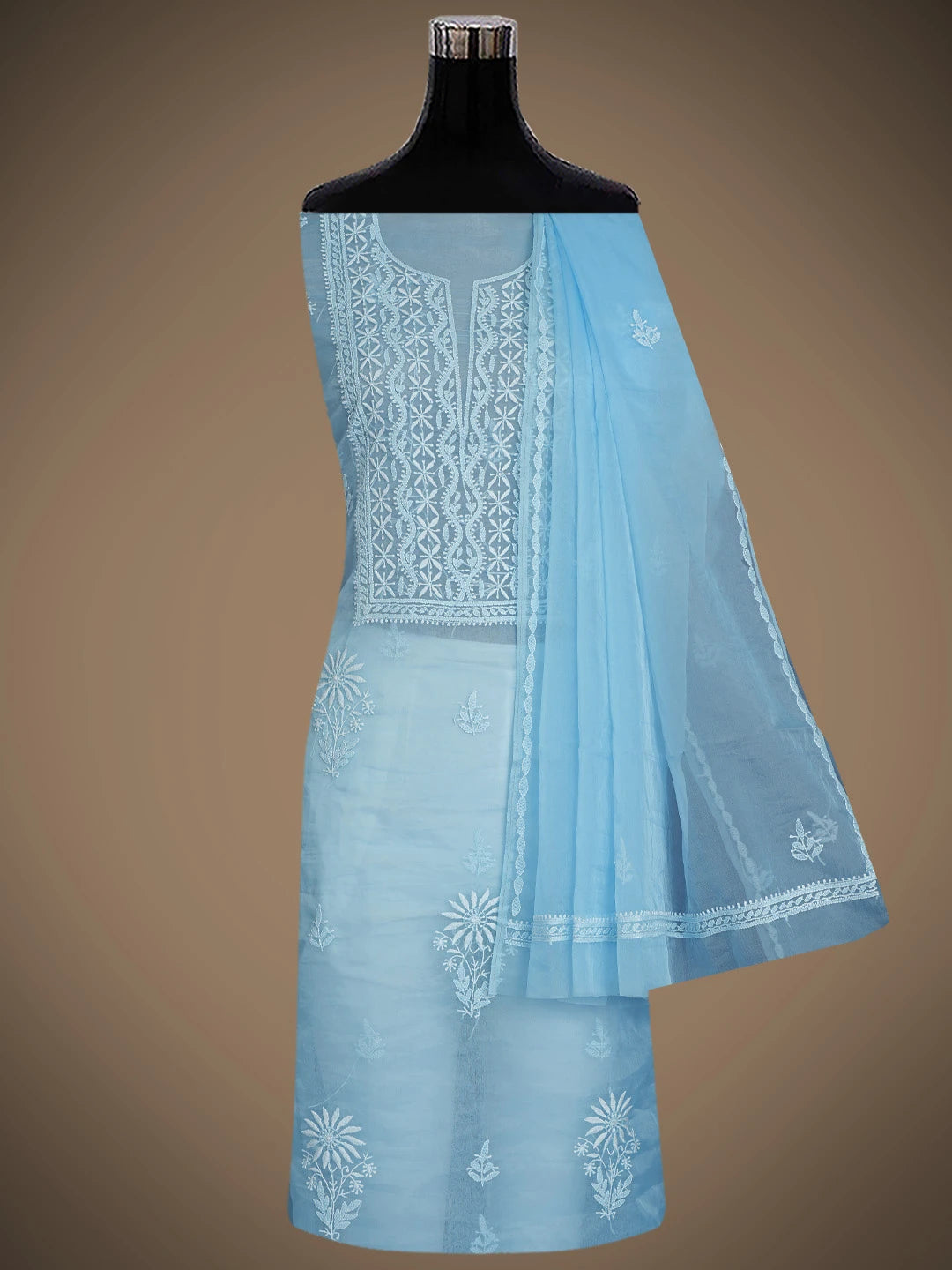 Ada Hand Embroidered Sky Blue Organza Lucknowi Chikankari Unstitched Kurta Dupatta Set 01A802349