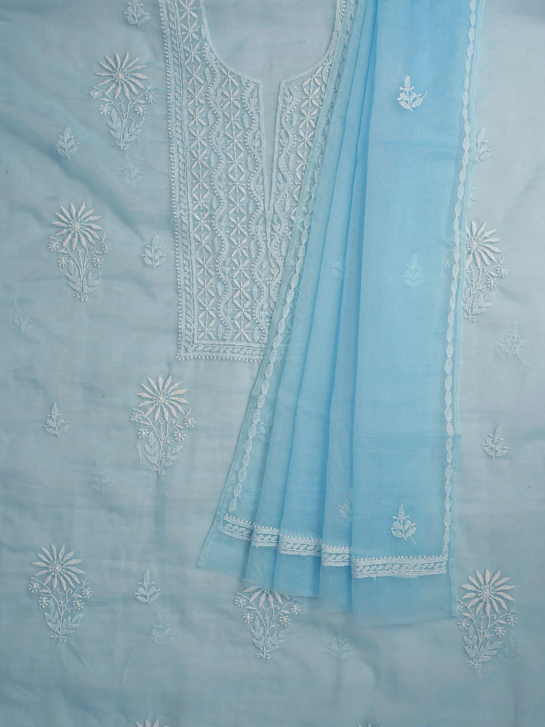 Ada Hand Embroidered Sky Blue Organza Lucknowi Chikankari Unstitched Kurta Dupatta Set 01A802349