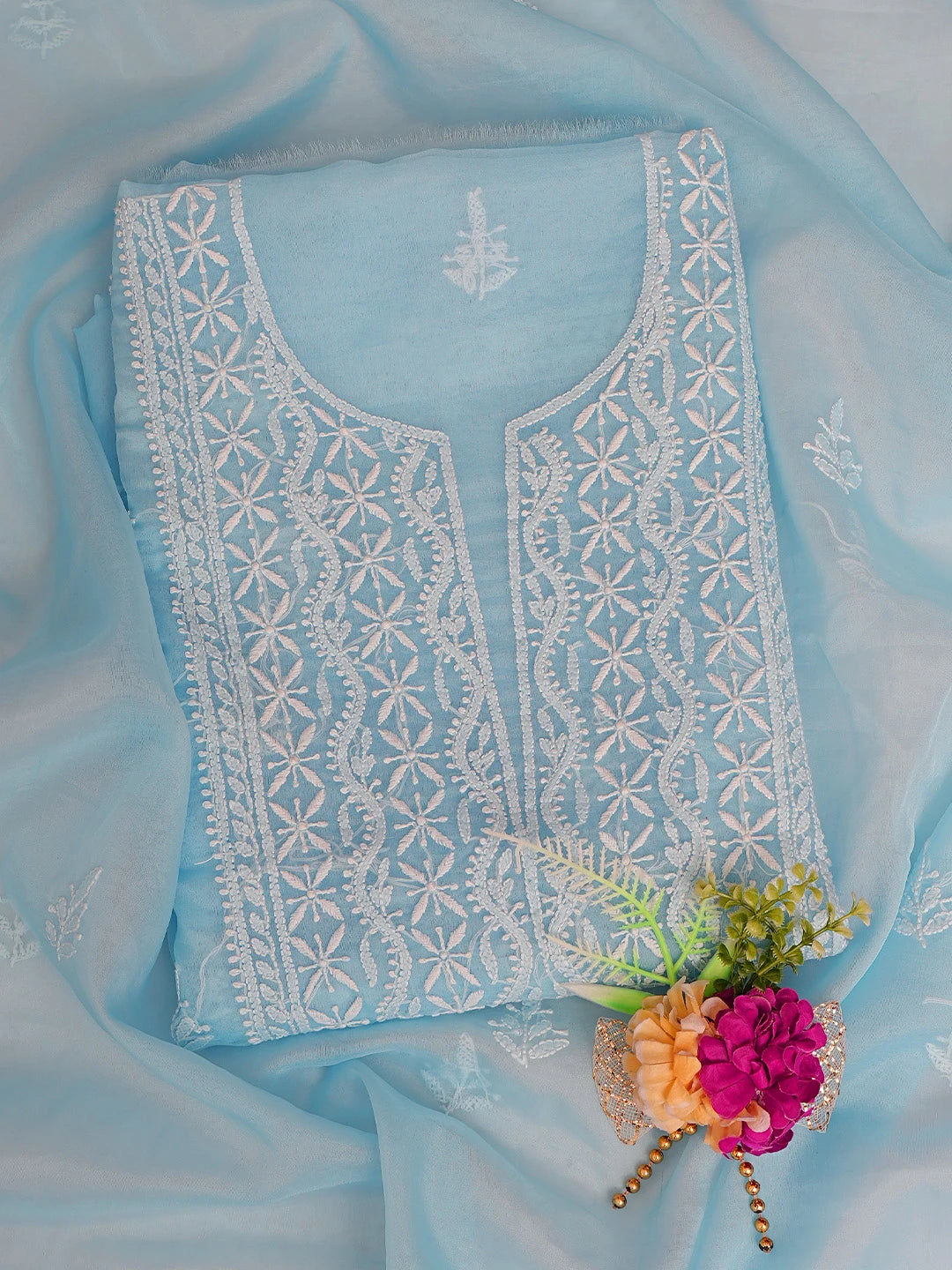 Ada Hand Embroidered Sky Blue Organza Lucknowi Chikankari Unstitched Kurta Dupatta Set 01A802349