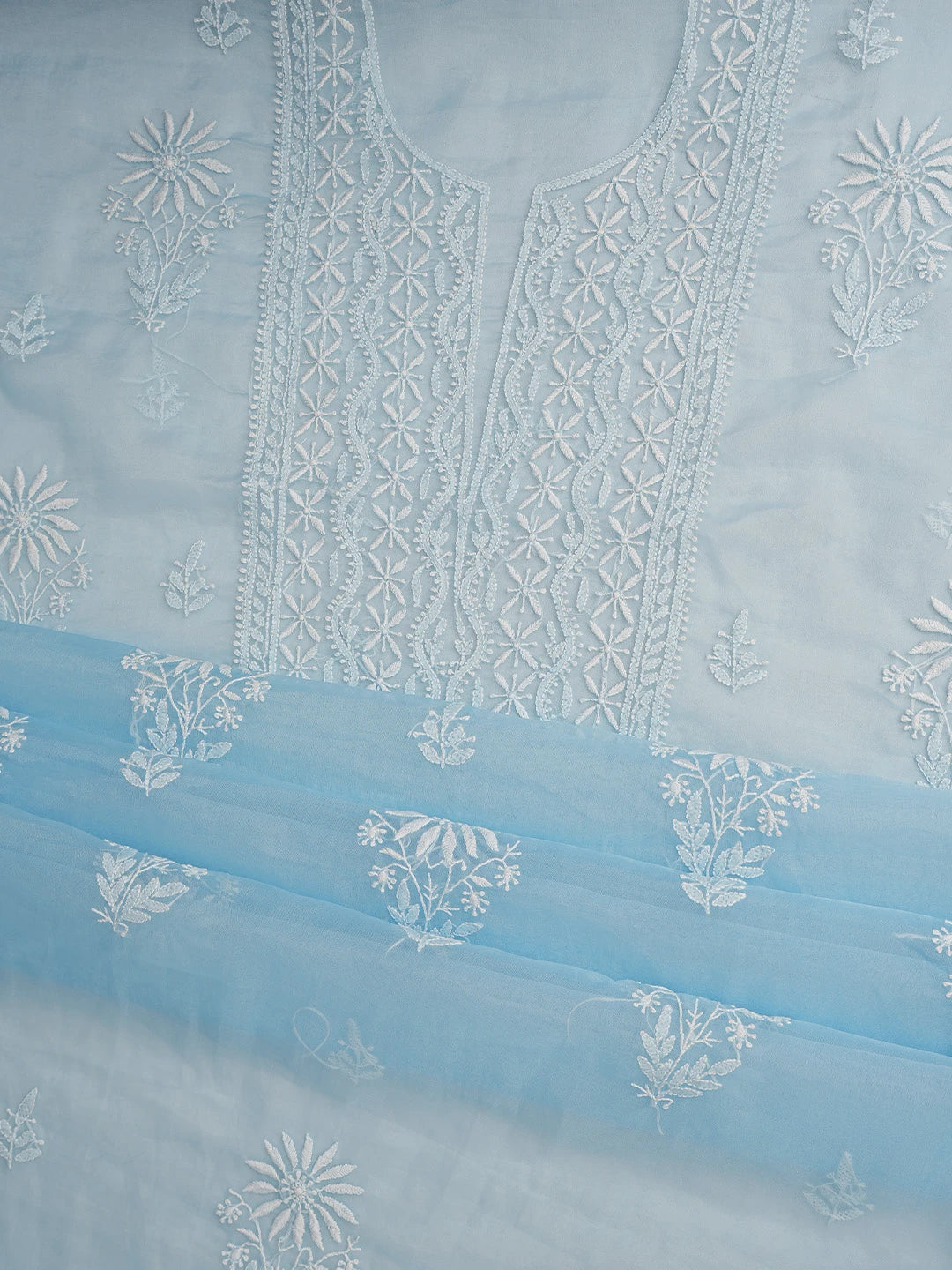 Ada Hand Embroidered Sky Blue Organza Lucknowi Chikankari Unstitched Kurta Dupatta Set 01A802349