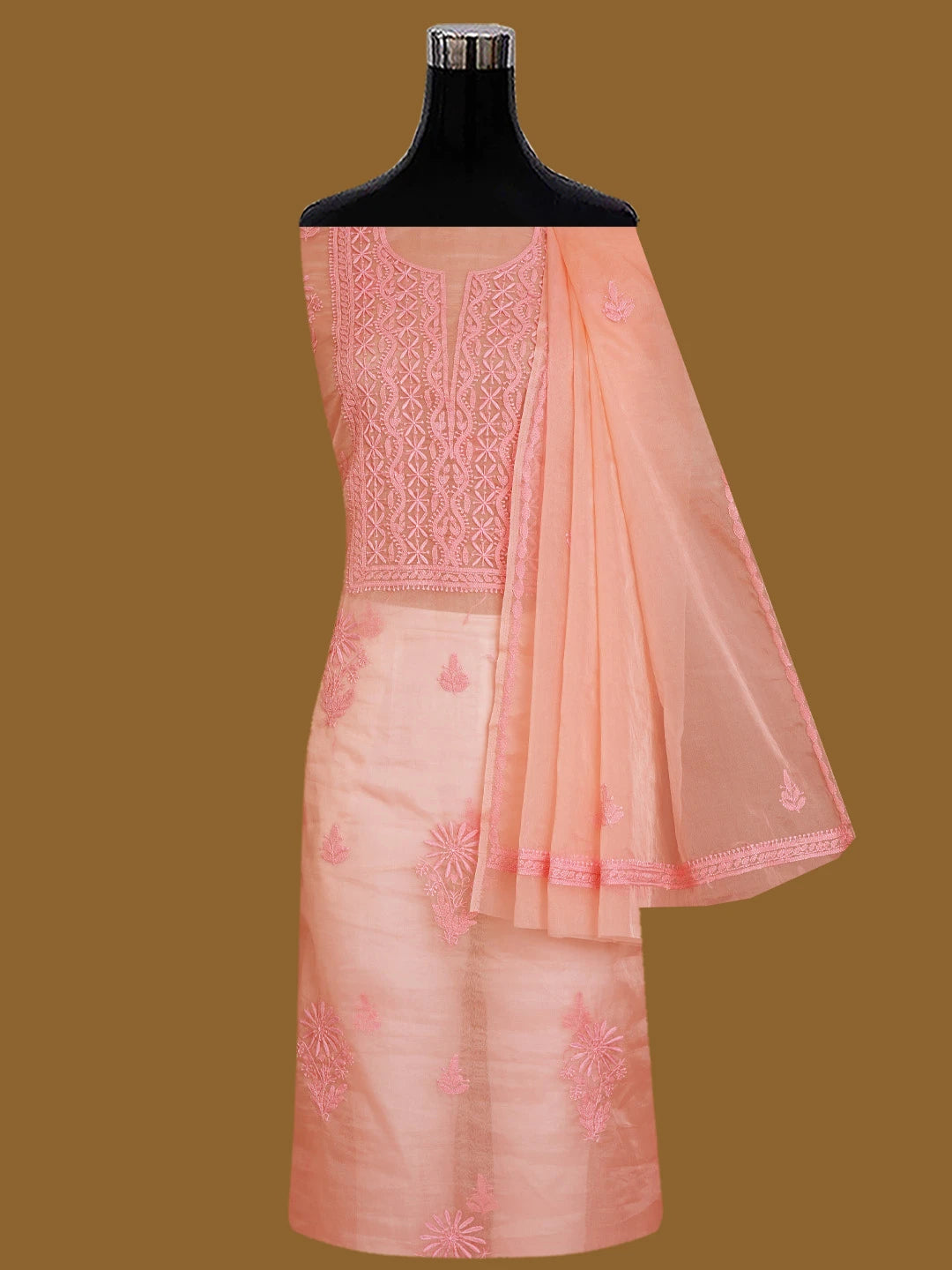 Ada Hand Embroidered Peach Orange Organza Lucknowi Chikankari Unstitched Kurta Dupatta Set 01A802350