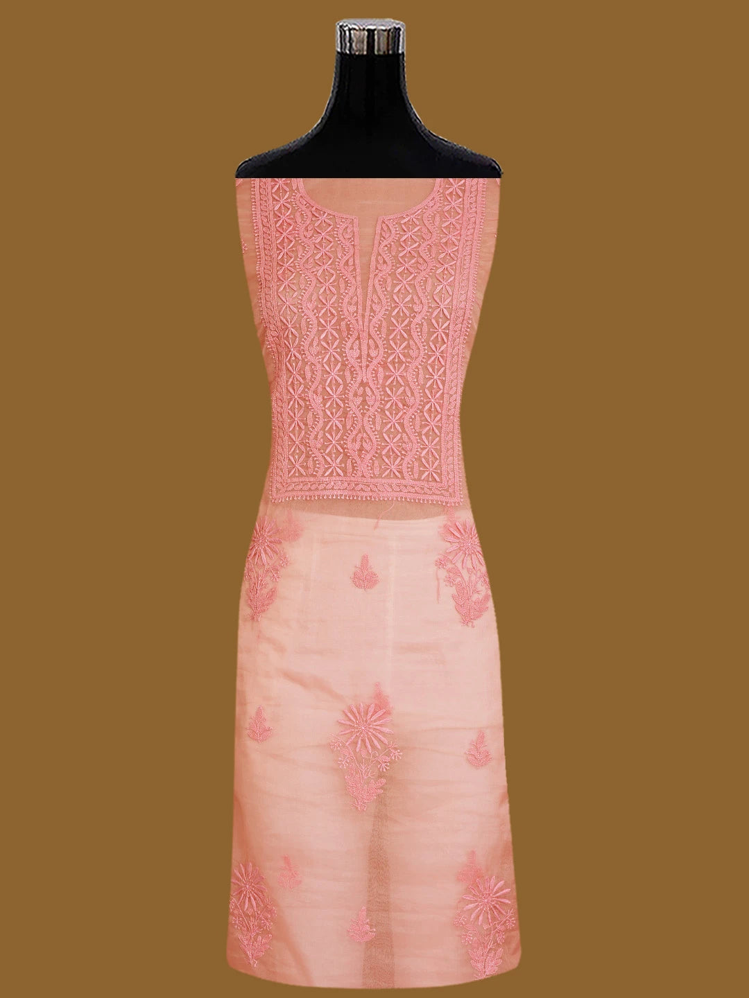 Ada Hand Embroidered Peach Orange Organza Lucknowi Chikankari Unstitched Kurta Dupatta Set 01A802350