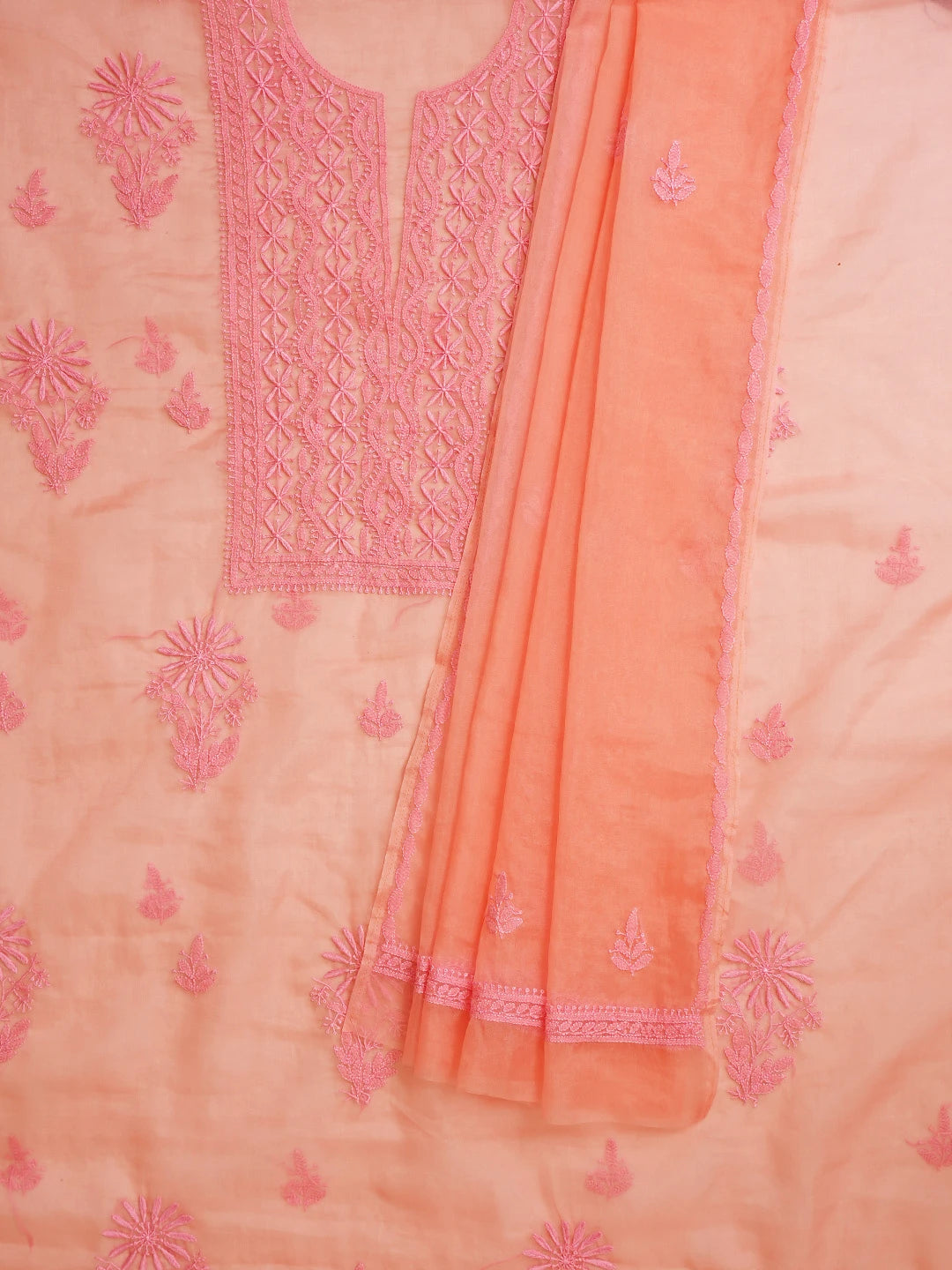 Ada Hand Embroidered Peach Orange Organza Lucknowi Chikankari Unstitched Kurta Dupatta Set 01A802350