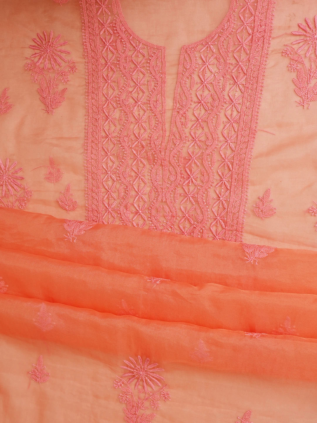 Ada Hand Embroidered Peach Orange Organza Lucknowi Chikankari Unstitched Kurta Dupatta Set 01A802350