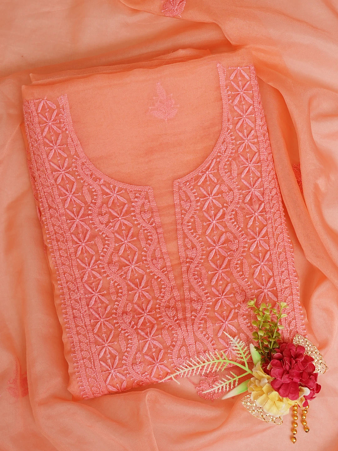 Ada Hand Embroidered Peach Orange Organza Lucknowi Chikankari Unstitched Kurta Dupatta Set 01A802350