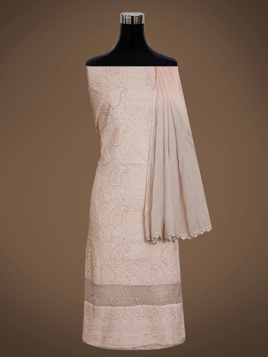 Ada Hand Embroidered Pastel Chocolate Brown Cotton Lucknowi Chikankari Unstitched Suit Piece With Mukaish Work 01A839478