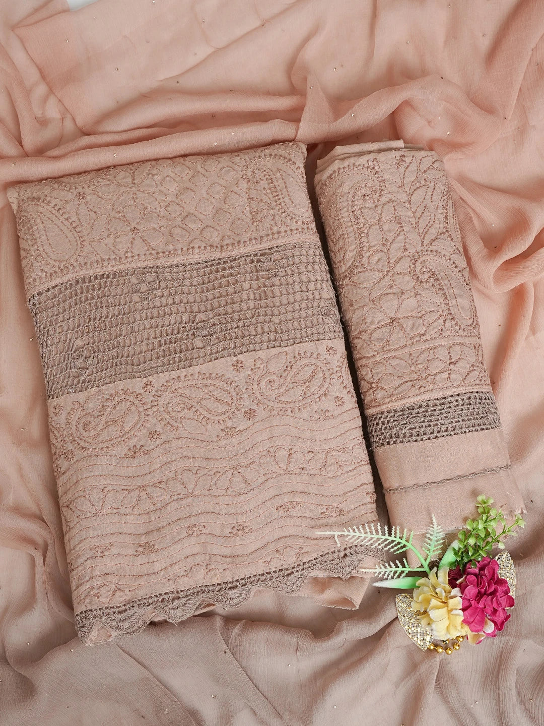 Ada Hand Embroidered Pastel Chocolate Brown Cotton Lucknowi Chikankari Unstitched Suit Piece With Mukaish Work 01A839478