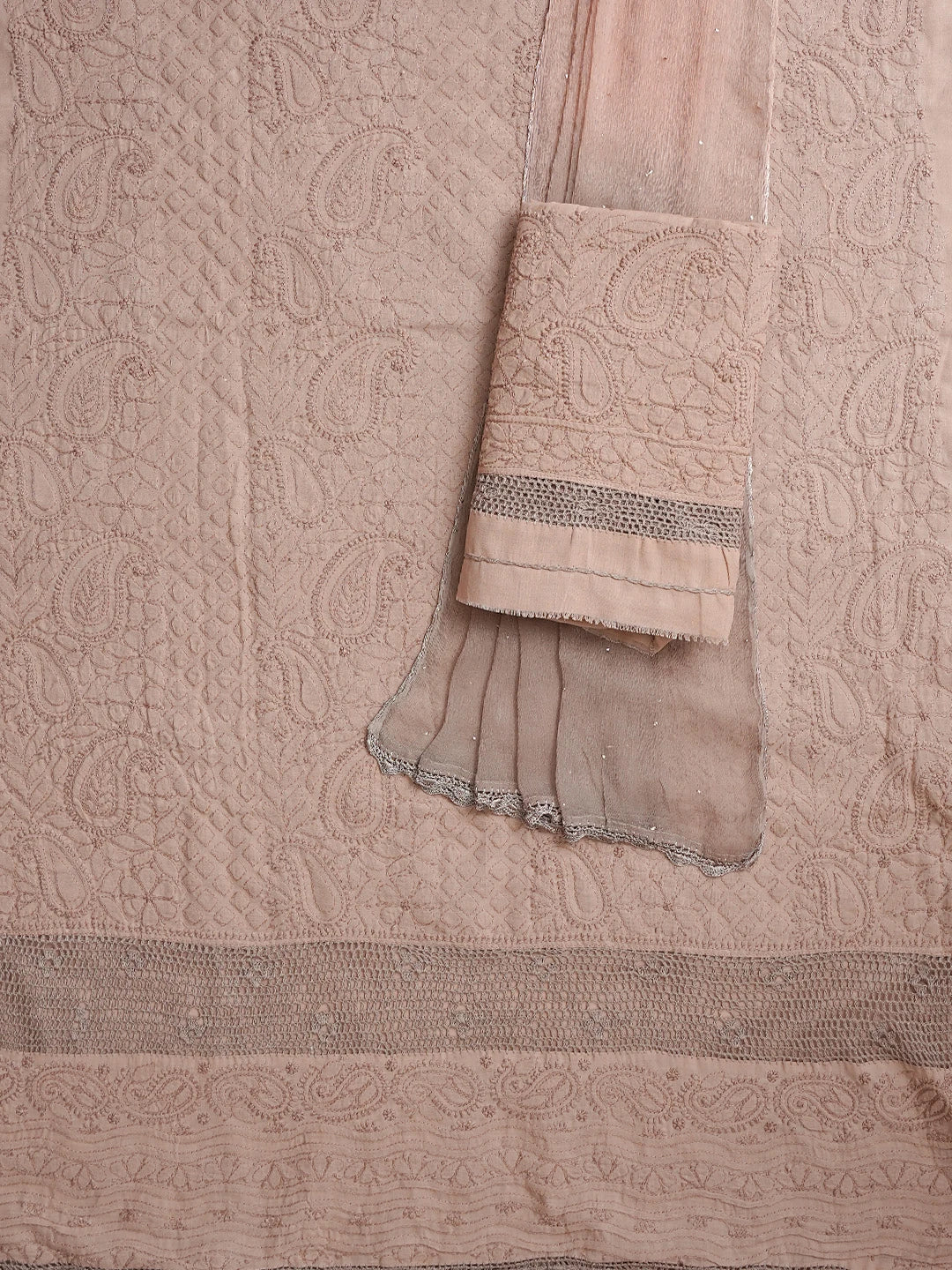 Ada Hand Embroidered Pastel Chocolate Brown Cotton Lucknowi Chikankari Unstitched Suit Piece With Mukaish Work 01A839478