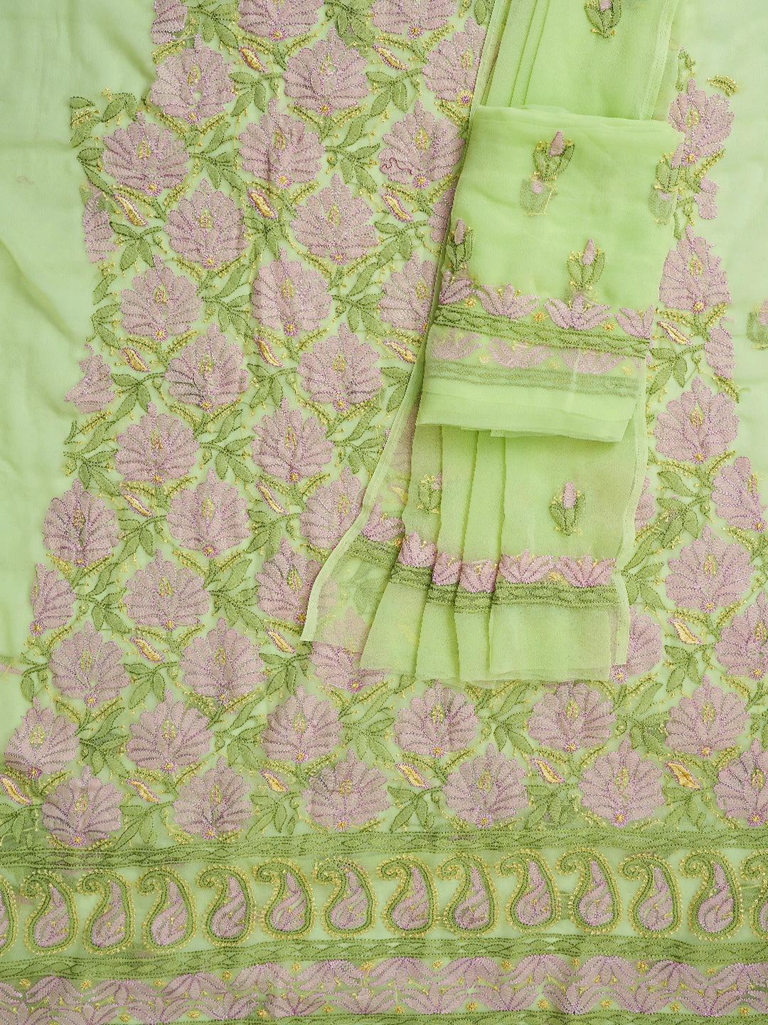 Ada Hand Embroidered Lime Green Georgette Lucknowi Chikankari Unstitched Suit Piece 01A833142