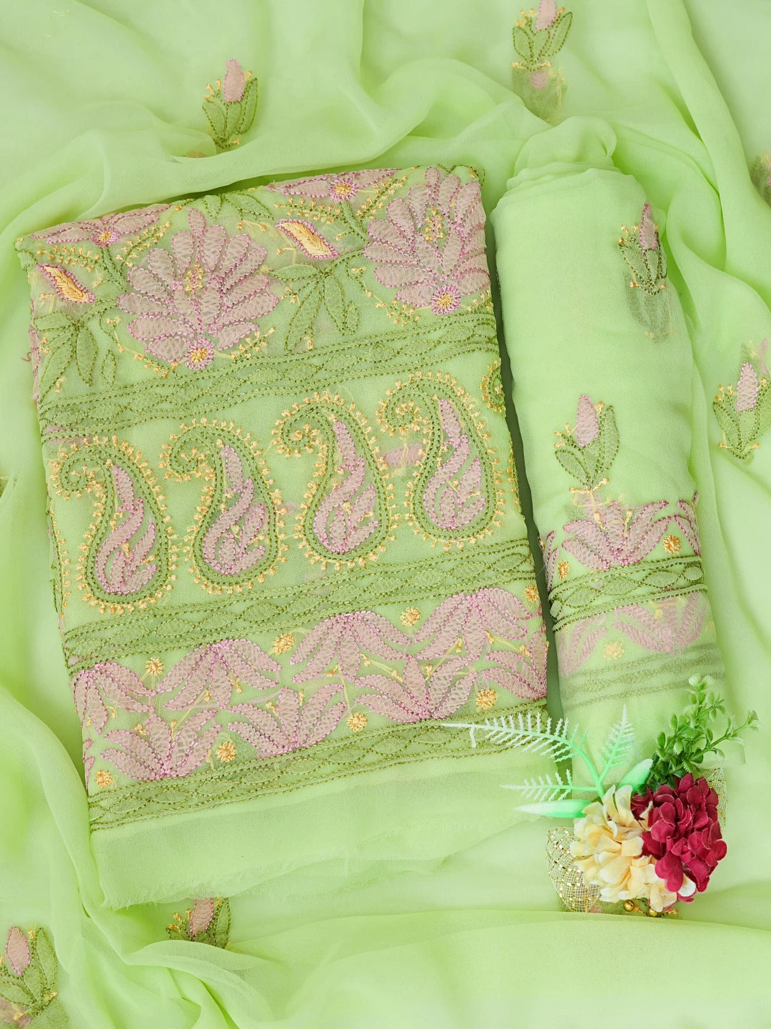 Ada Hand Embroidered Lime Green Georgette Lucknowi Chikankari Unstitched Suit Piece 01A833142