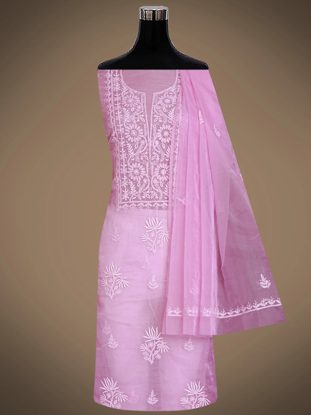 Ada Hand Embroidered Persian Pink Organza Lucknowi Chikankari Unstitched Kurta Dupatta Set 01A802351