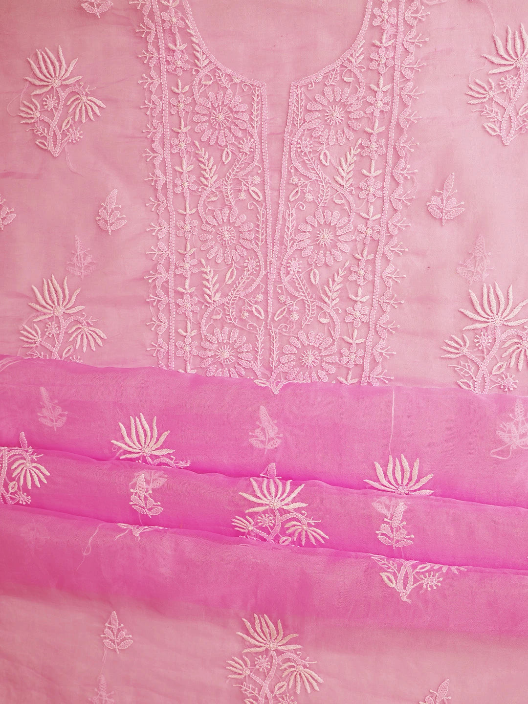 Ada Hand Embroidered Persian Pink Organza Lucknowi Chikankari Unstitched Kurta Dupatta Set 01A802351