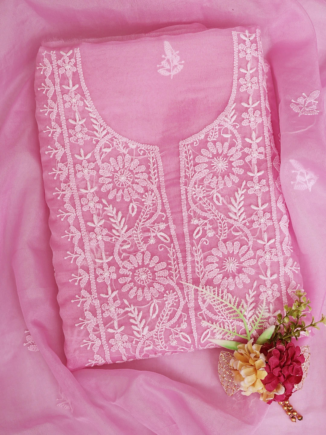 Ada Hand Embroidered Persian Pink Organza Lucknowi Chikankari Unstitched Kurta Dupatta Set 01A802351