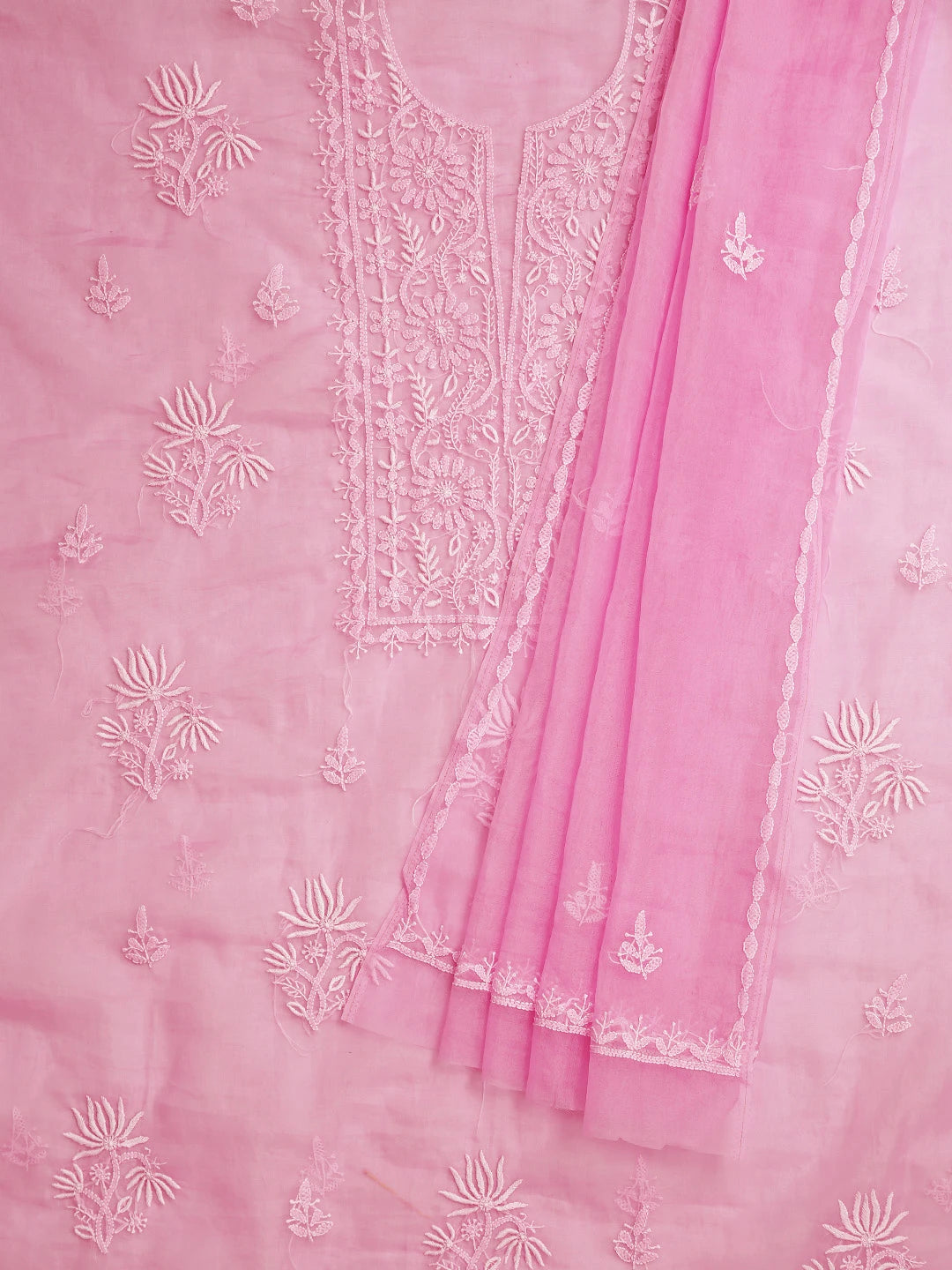 Ada Hand Embroidered Persian Pink Organza Lucknowi Chikankari Unstitched Kurta Dupatta Set 01A802351