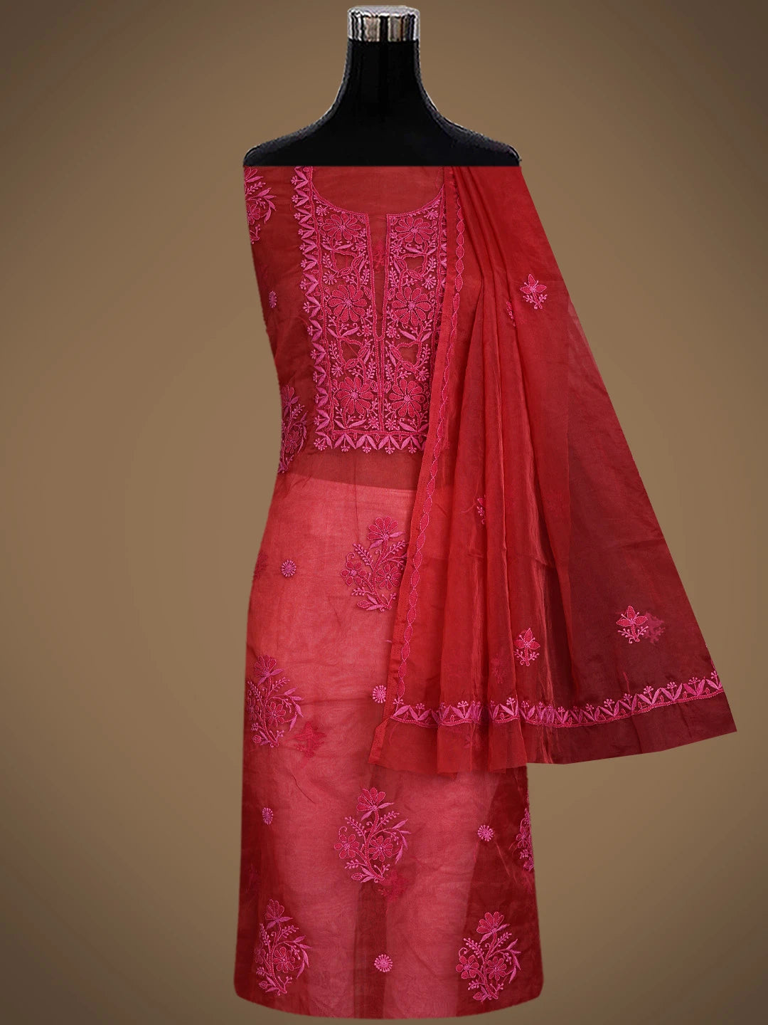 Ada Hand Embroidered Red Organza Lucknowi Chikankari Unstitched Kurta Dupatta Set 01A778457