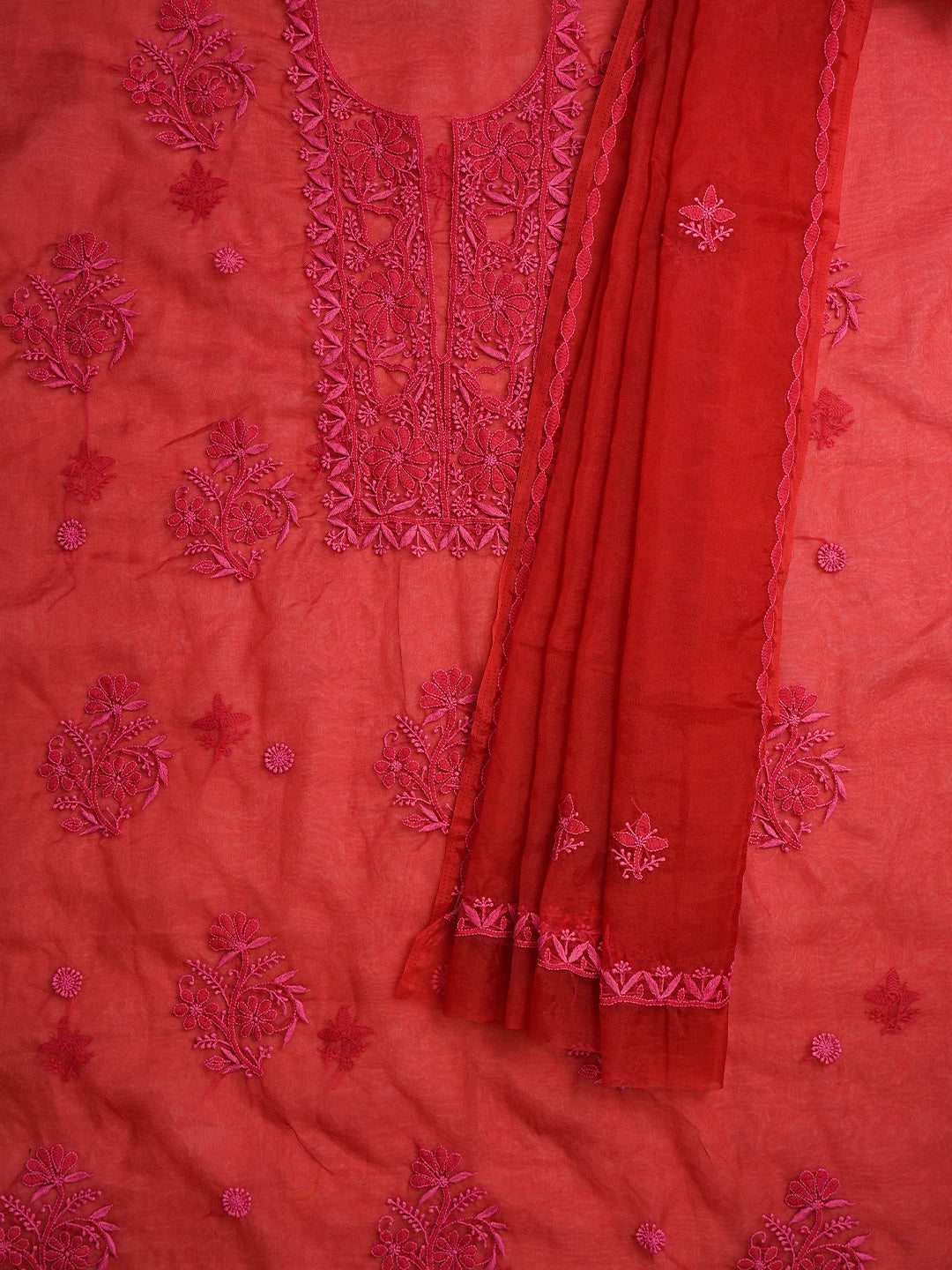 Ada Hand Embroidered Red Organza Lucknowi Chikankari Unstitched Kurta Dupatta Set 01A778457