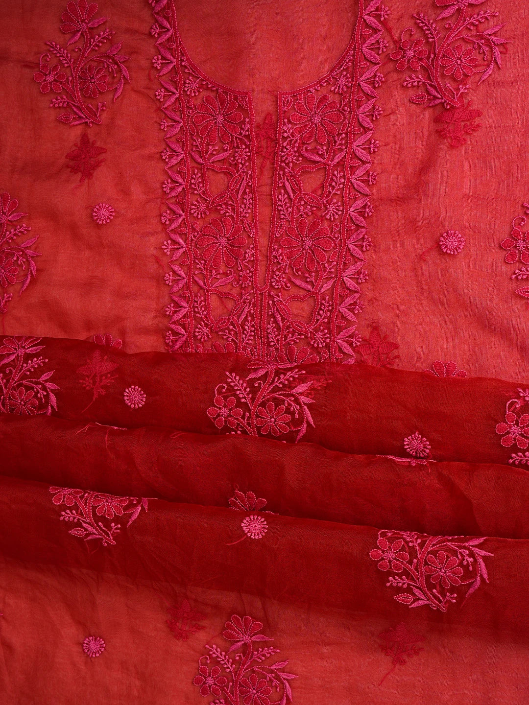 Ada Hand Embroidered Red Organza Lucknowi Chikankari Unstitched Kurta Dupatta Set 01A778457