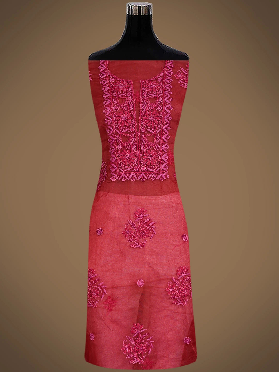 Ada Hand Embroidered Red Organza Lucknowi Chikankari Unstitched Kurta Dupatta Set 01A778457