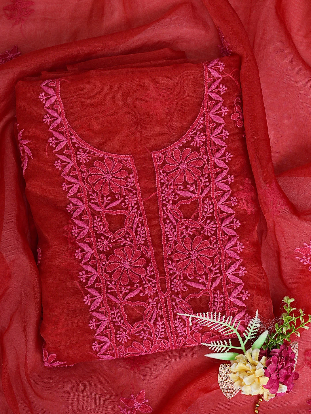 Ada Hand Embroidered Red Organza Lucknowi Chikankari Unstitched Kurta Dupatta Set 01A778457