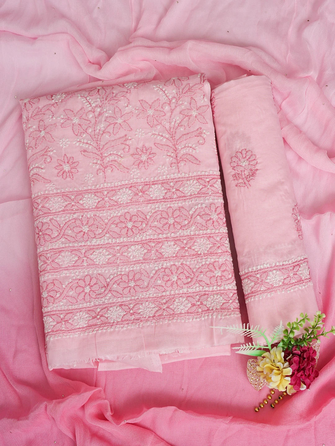 Ada Hand Embroidered Pink Cotton Lucknowi Chikankari Unstitched Suit Piece With Mukaish Work 01A839722
