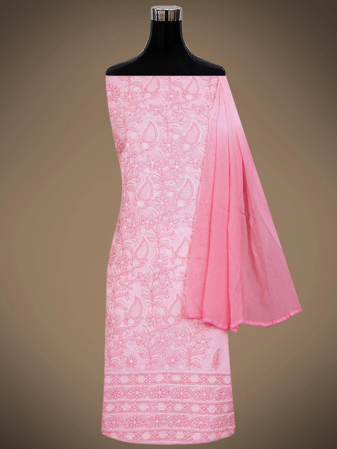 Ada Hand Embroidered Pink Cotton Lucknowi Chikankari Unstitched Suit Piece With Mukaish Work 01A839722