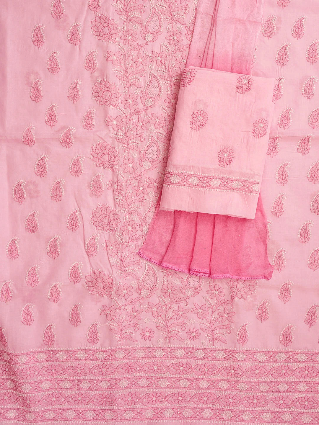 Ada Hand Embroidered Pink Cotton Lucknowi Chikankari Unstitched Suit Piece With Mukaish Work 01A839722