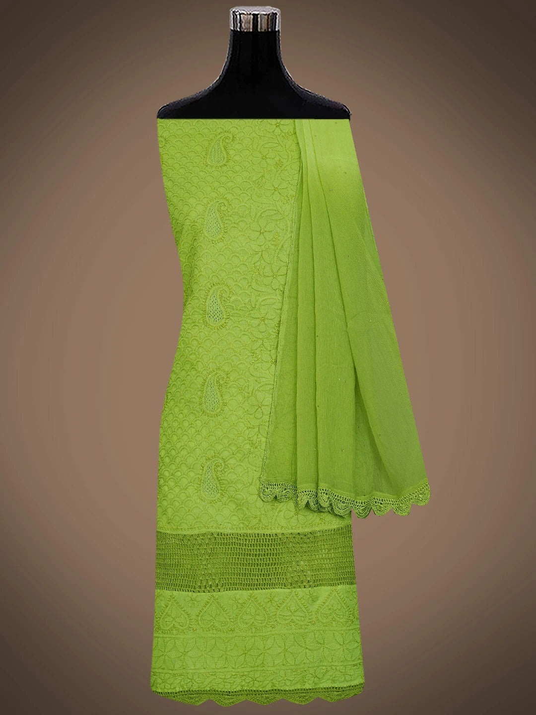 Ada Hand Embroidered Green Cotton Lucknowi Chikankari Unstitched Suit Piece With Mukaish Work 01A839494