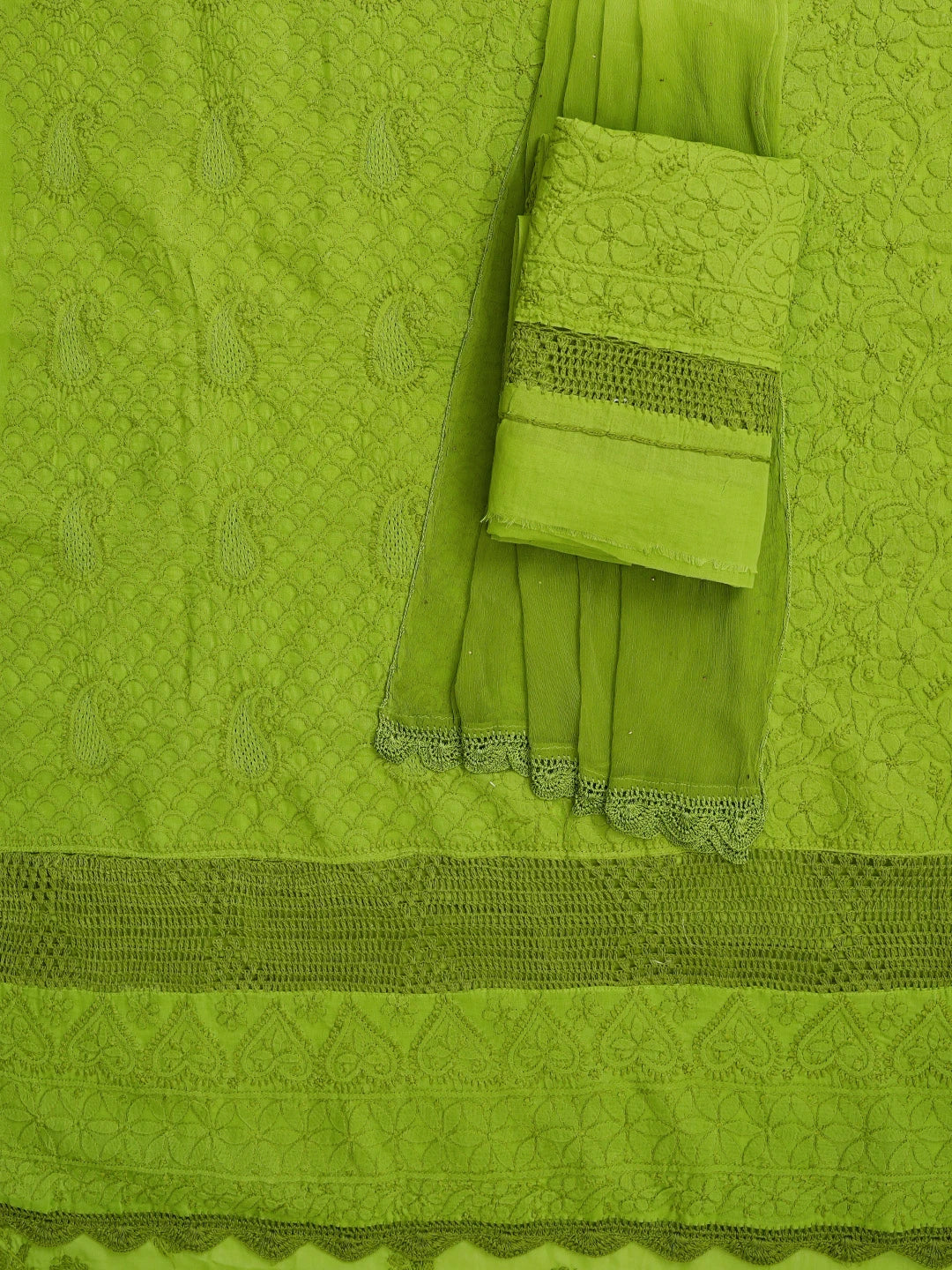Ada Hand Embroidered Green Cotton Lucknowi Chikankari Unstitched Suit Piece With Mukaish Work 01A839494