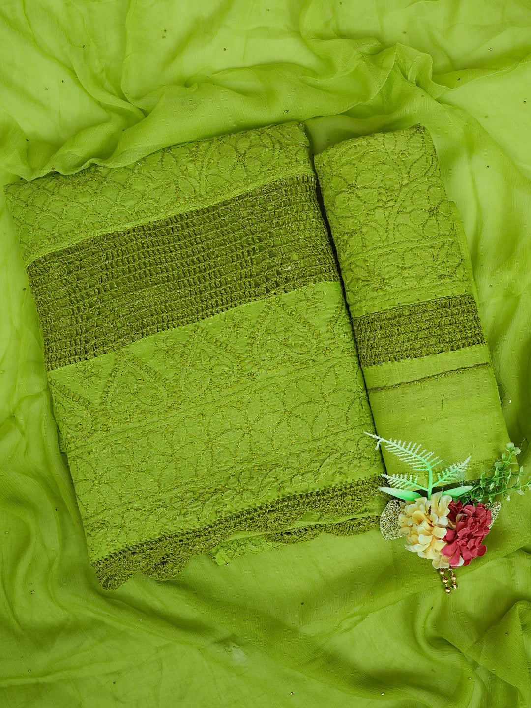 Ada Hand Embroidered Green Cotton Lucknowi Chikankari Unstitched Suit Piece With Mukaish Work 01A839494