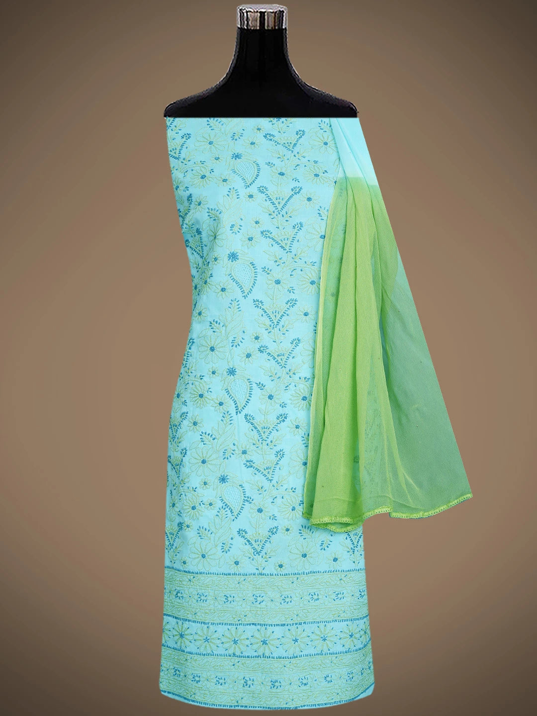 Ada Hand Embroidered Electric Blue Cotton Lucknowi Chikankari Unstitched Suit Piece With Mukaish Work 01A839709