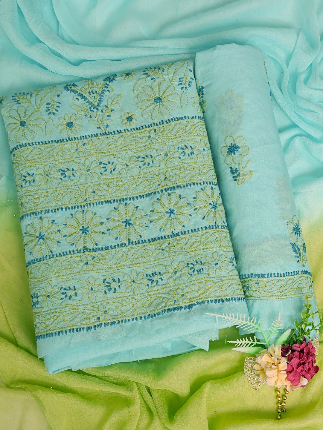 Ada Hand Embroidered Electric Blue Cotton Lucknowi Chikankari Unstitched Suit Piece With Mukaish Work 01A839709