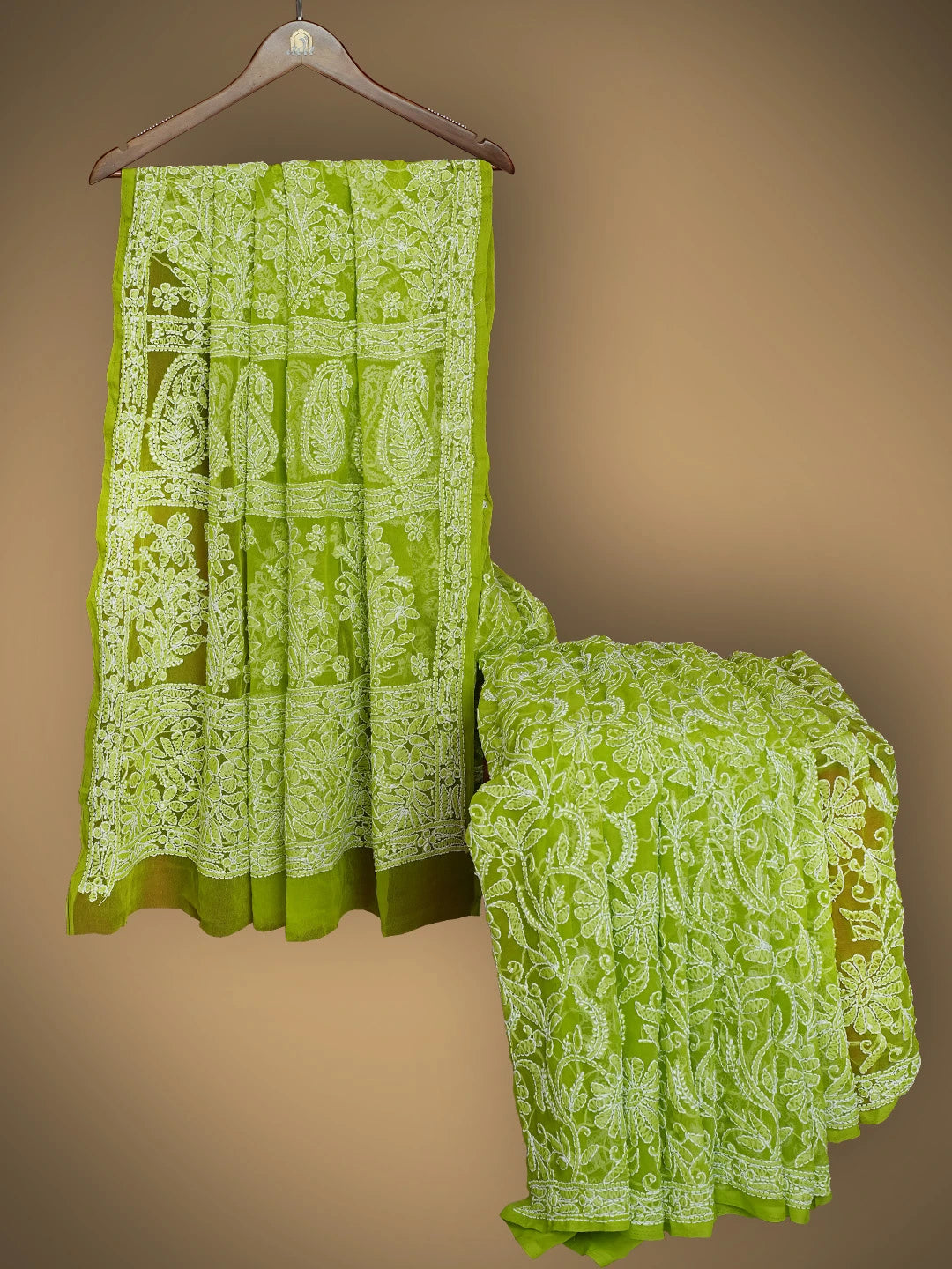 Ada Hand Embroidered Green Georgette Lucknowi Chikankari Saree With Blouse 01A756858