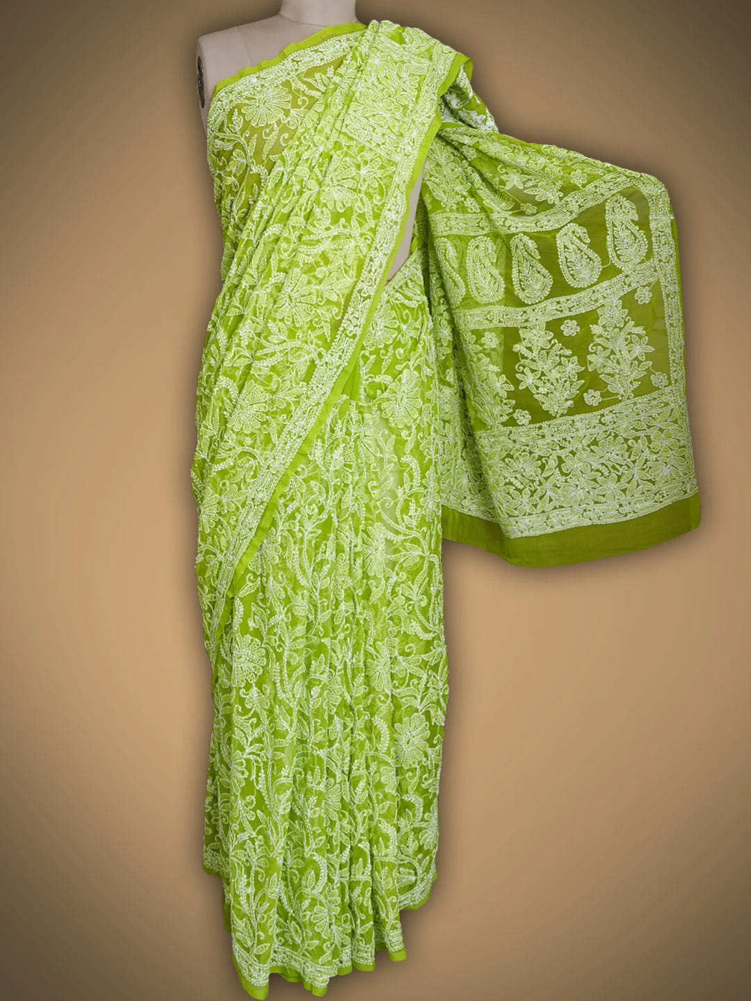 Ada Hand Embroidered Green Georgette Lucknowi Chikankari Saree With Blouse 01A756858