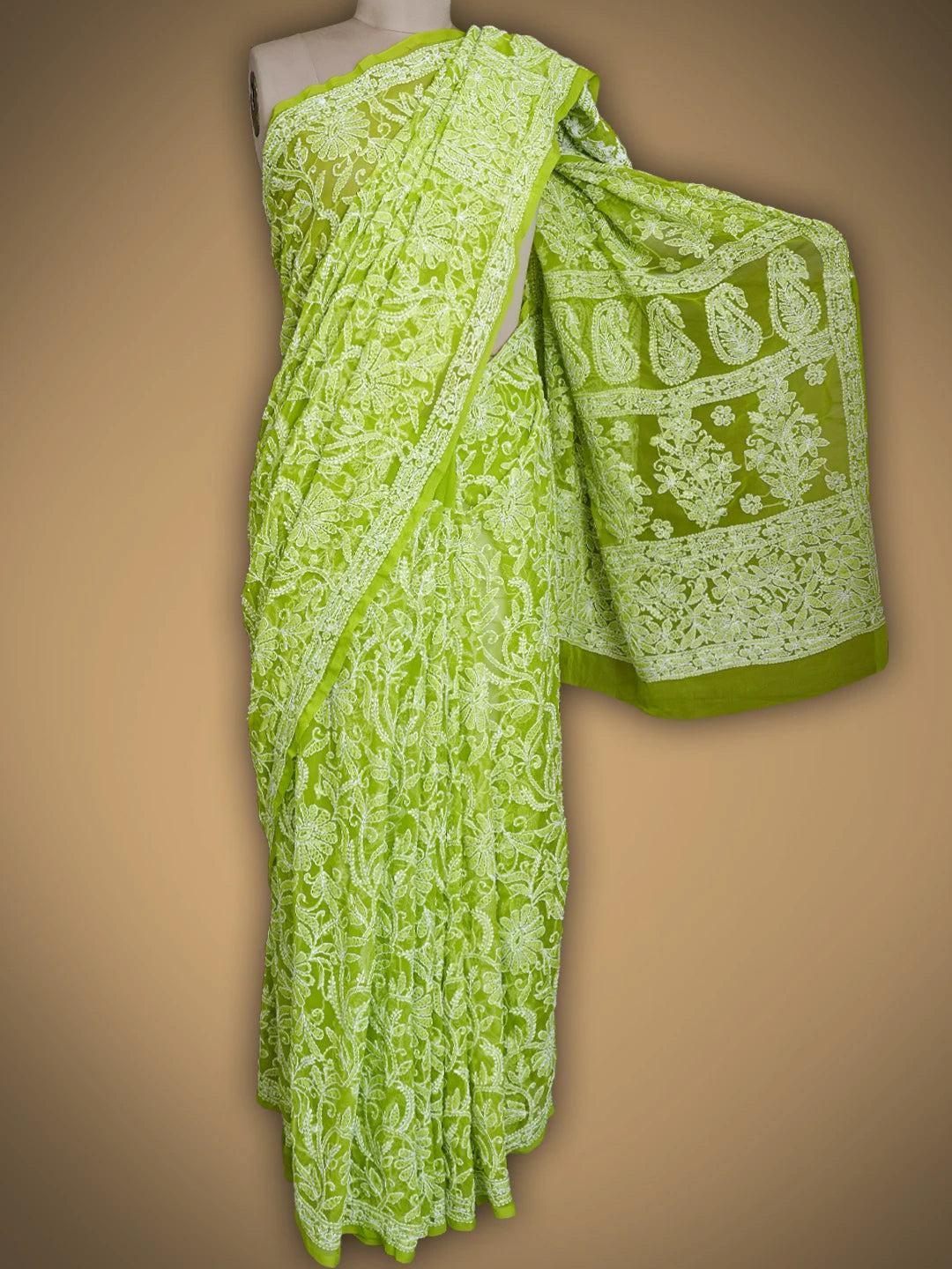 Ada Hand Embroidered Green Georgette Lucknowi Chikankari Saree With Blouse 01A756858