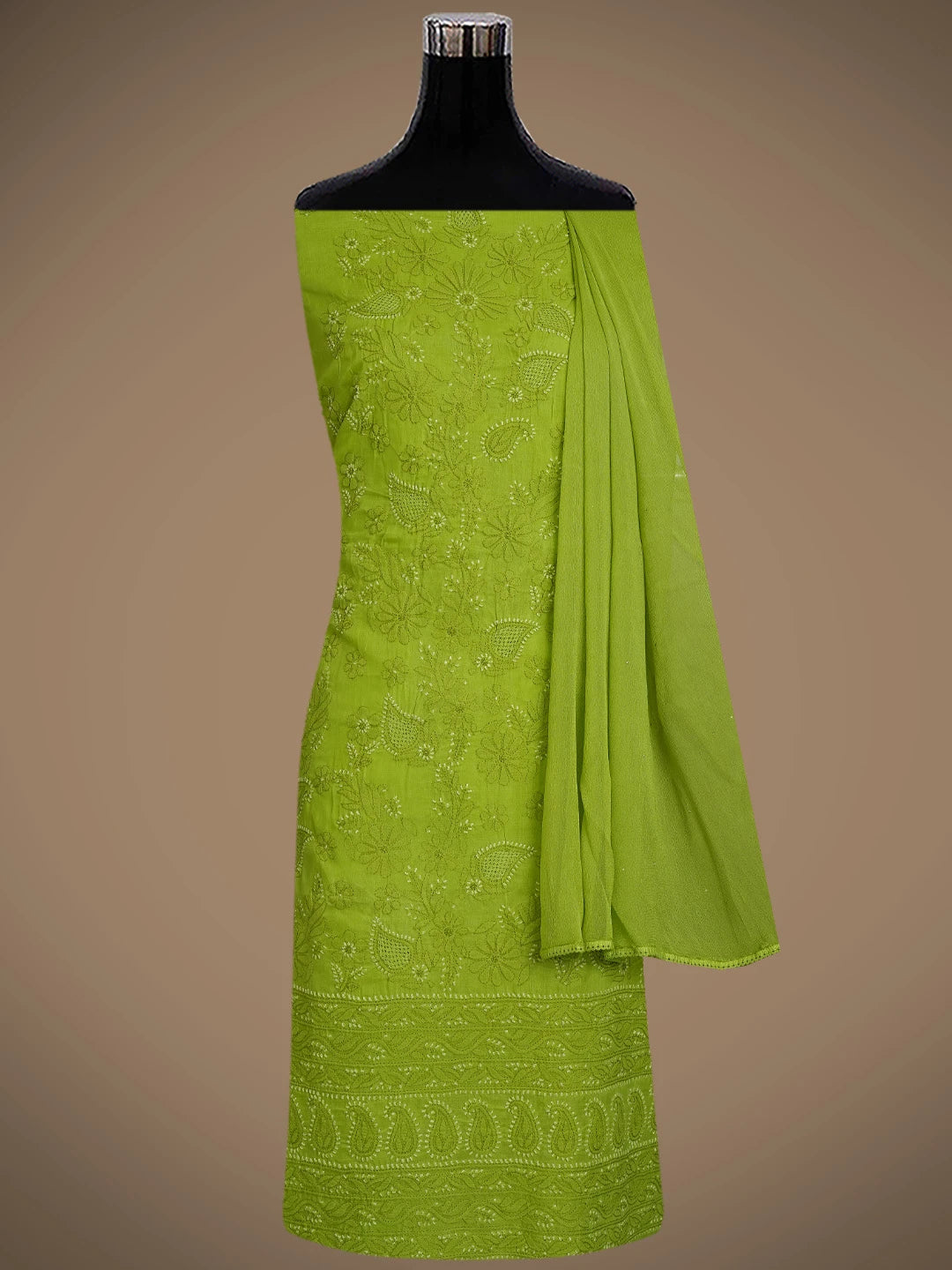 Ada Hand Embroidered Green Cotton Lucknowi Chikankari Unstitched Suit Piece With Mukaish Work 01A839700