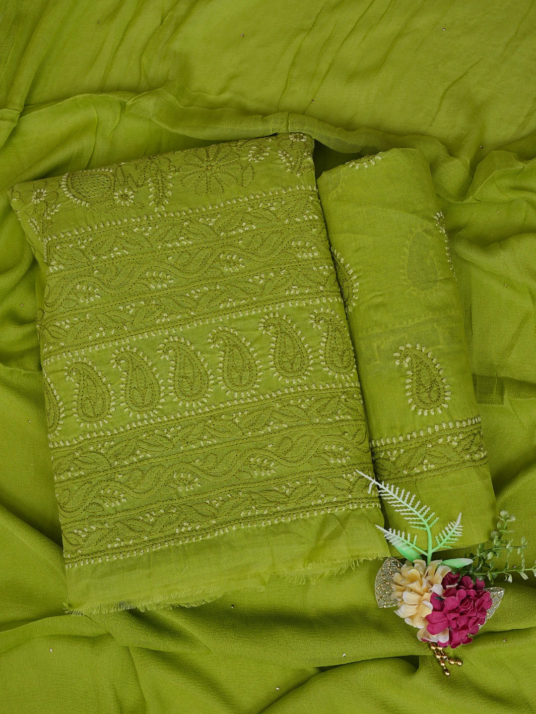 Ada Hand Embroidered Green Cotton Lucknowi Chikankari Unstitched Suit Piece With Mukaish Work 01A839700