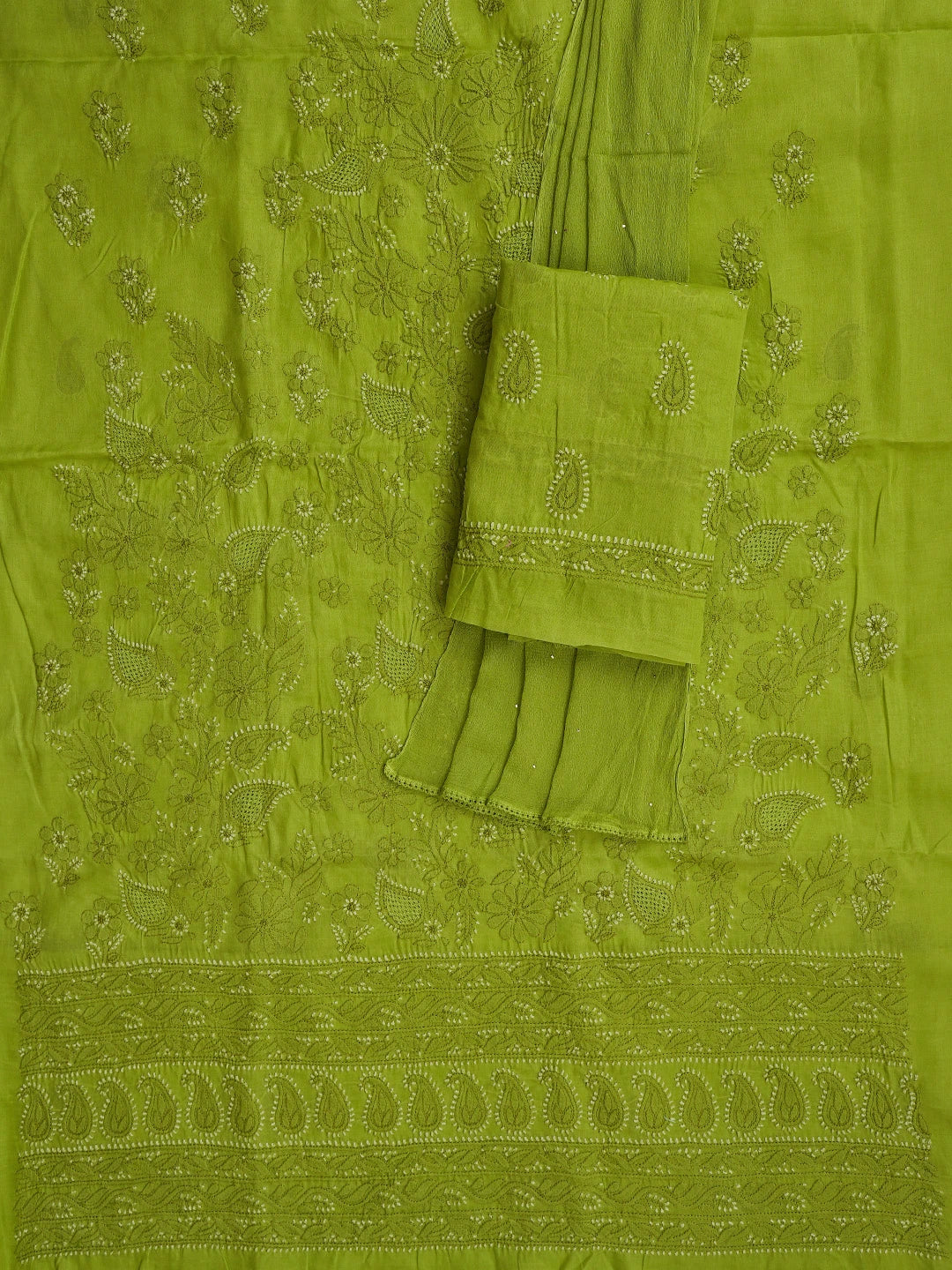 Ada Hand Embroidered Green Cotton Lucknowi Chikankari Unstitched Suit Piece With Mukaish Work 01A839700
