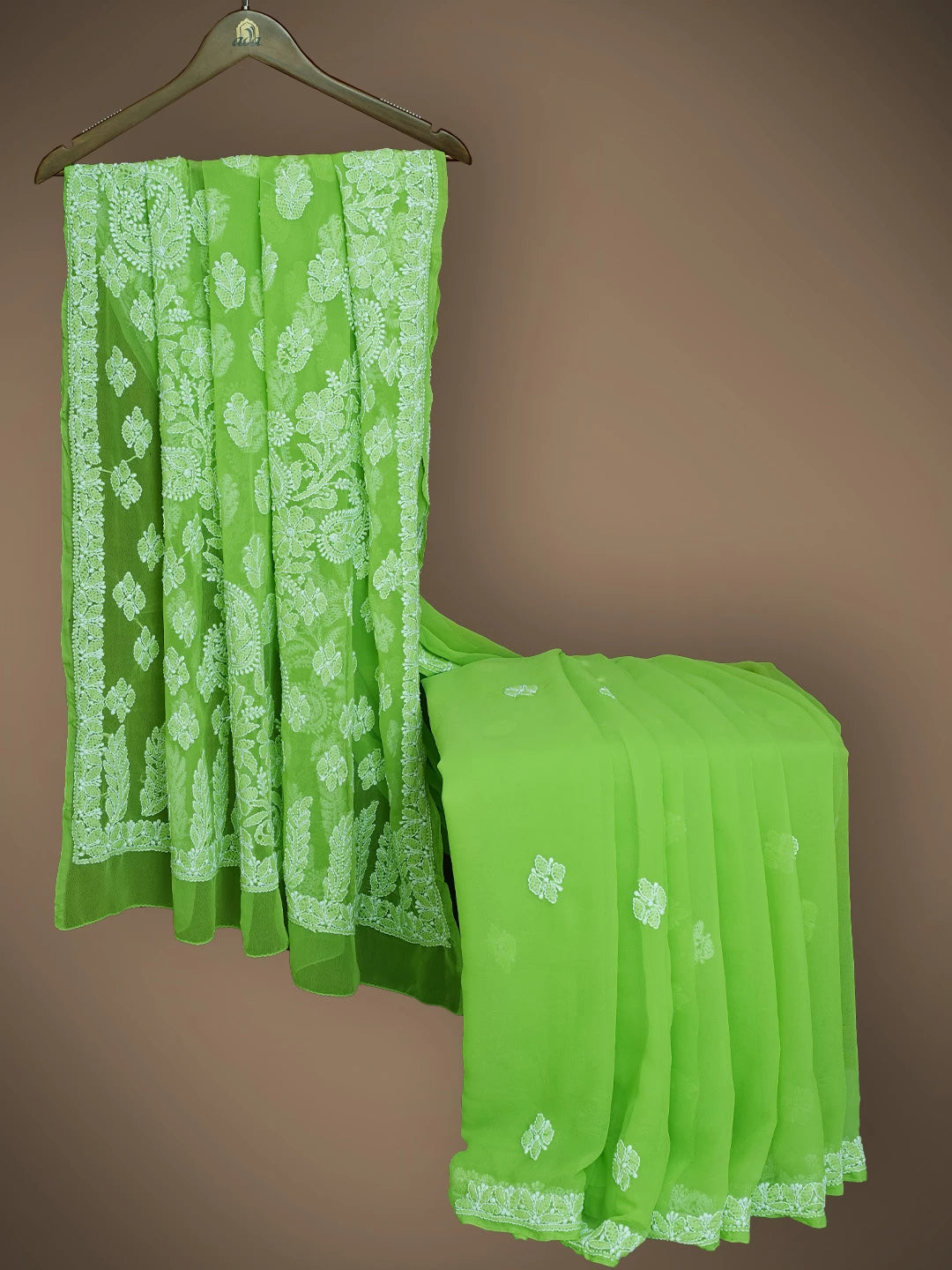 Ada Hand Embroidered Lime Green Georgette Lucknowi Chikankari Saree With Blouse 01A731706