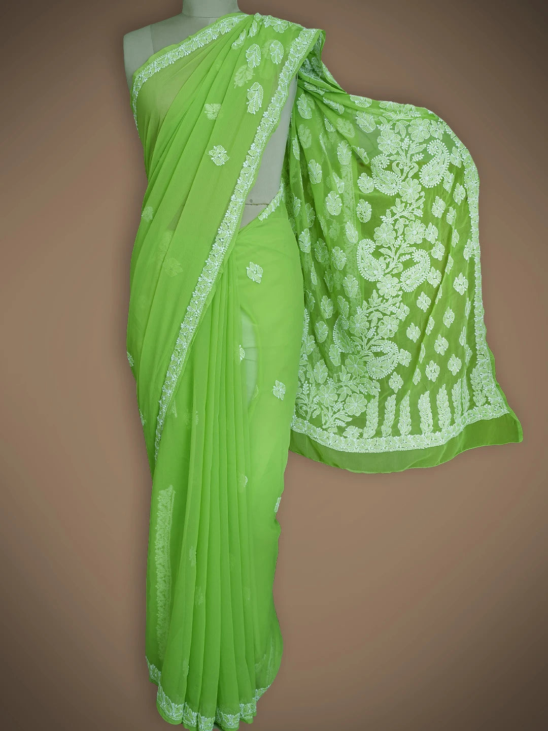 Ada Hand Embroidered Lime Green Georgette Lucknowi Chikankari Saree With Blouse 01A731706