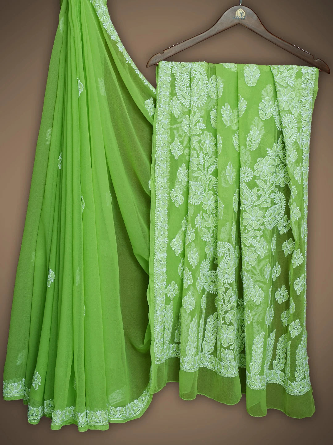 Ada Hand Embroidered Lime Green Georgette Lucknowi Chikankari Saree With Blouse 01A731706