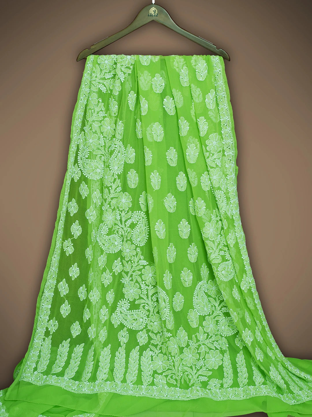Ada Hand Embroidered Lime Green Georgette Lucknowi Chikankari Saree With Blouse 01A731706