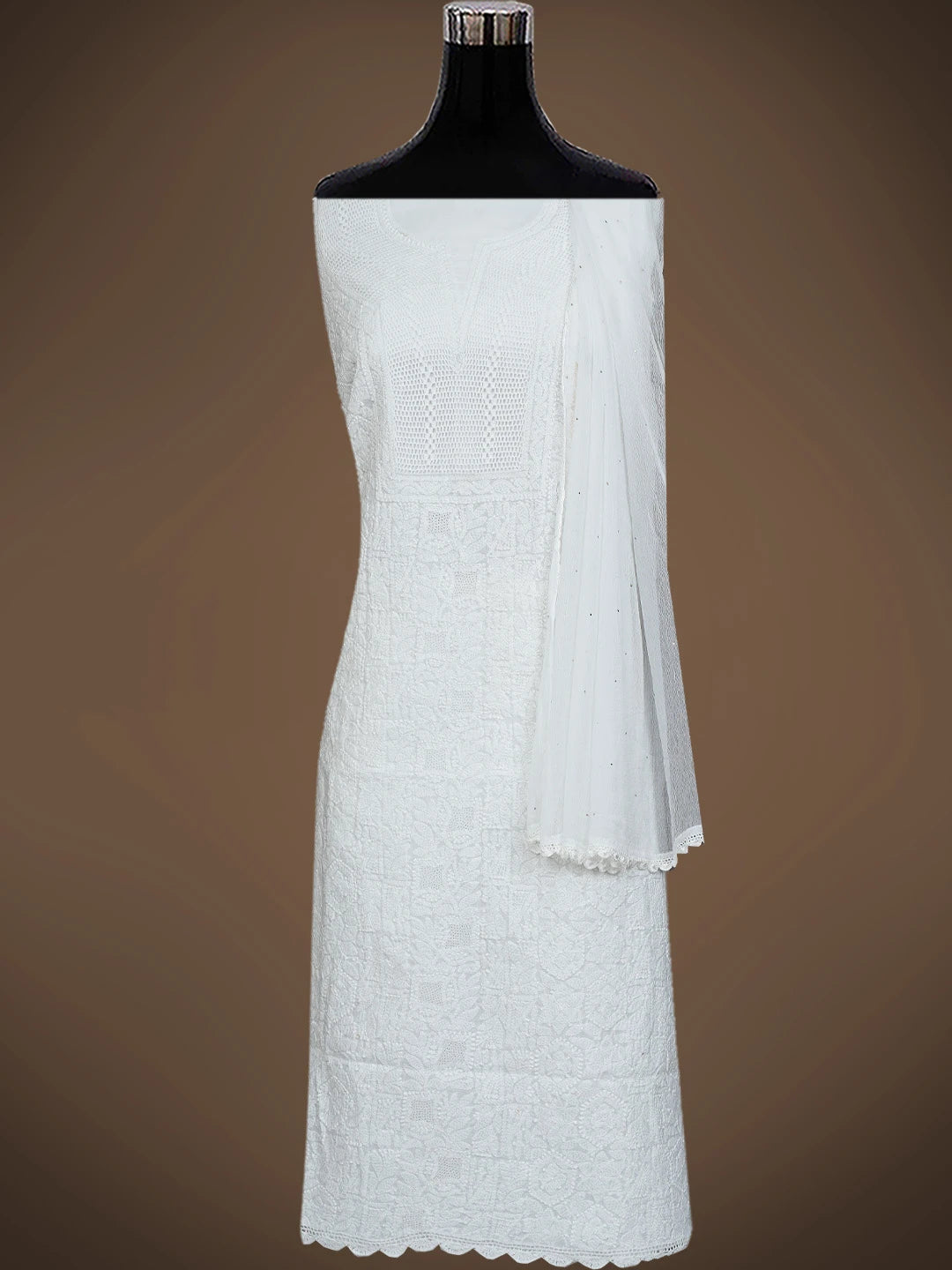 Ada Hand Embroidered White Cotton Lucknowi Chikankari Unstitched Suit Piece With Mukaish Work 01A839563