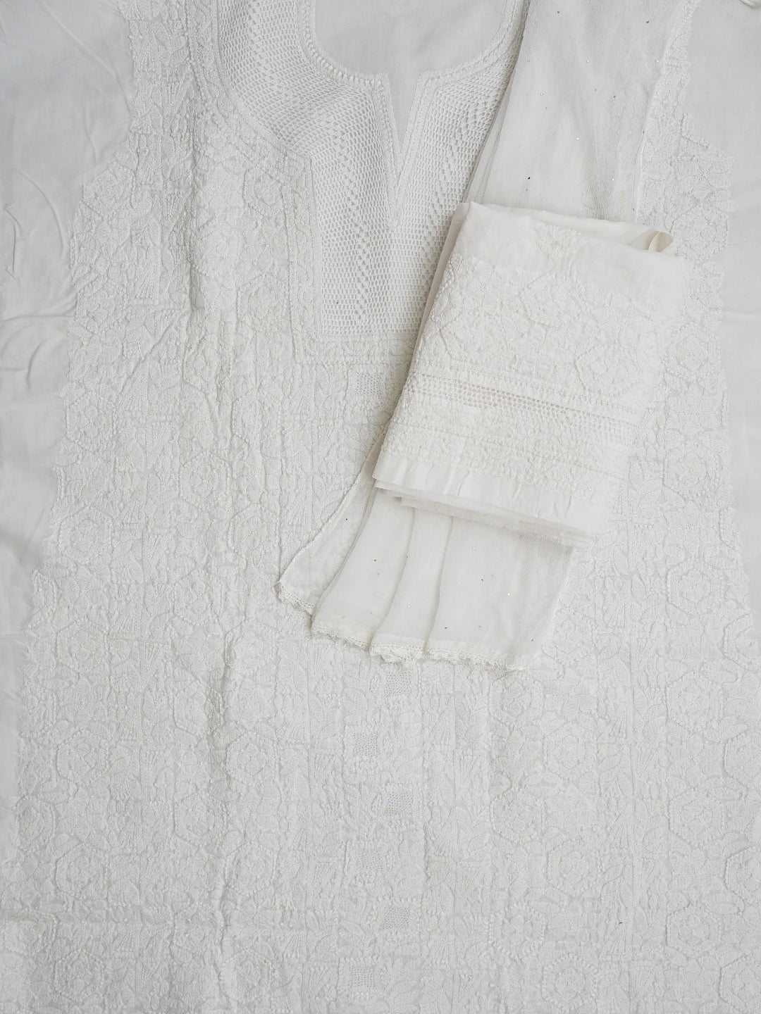 Ada Hand Embroidered White Cotton Lucknowi Chikankari Unstitched Suit Piece With Mukaish Work 01A839563