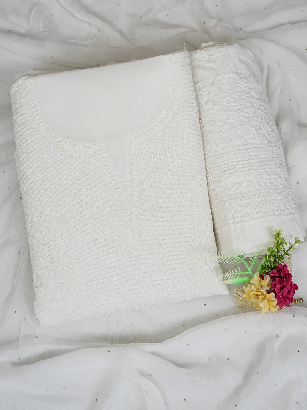 Ada Hand Embroidered White Cotton Lucknowi Chikankari Unstitched Suit Piece With Mukaish Work 01A839563