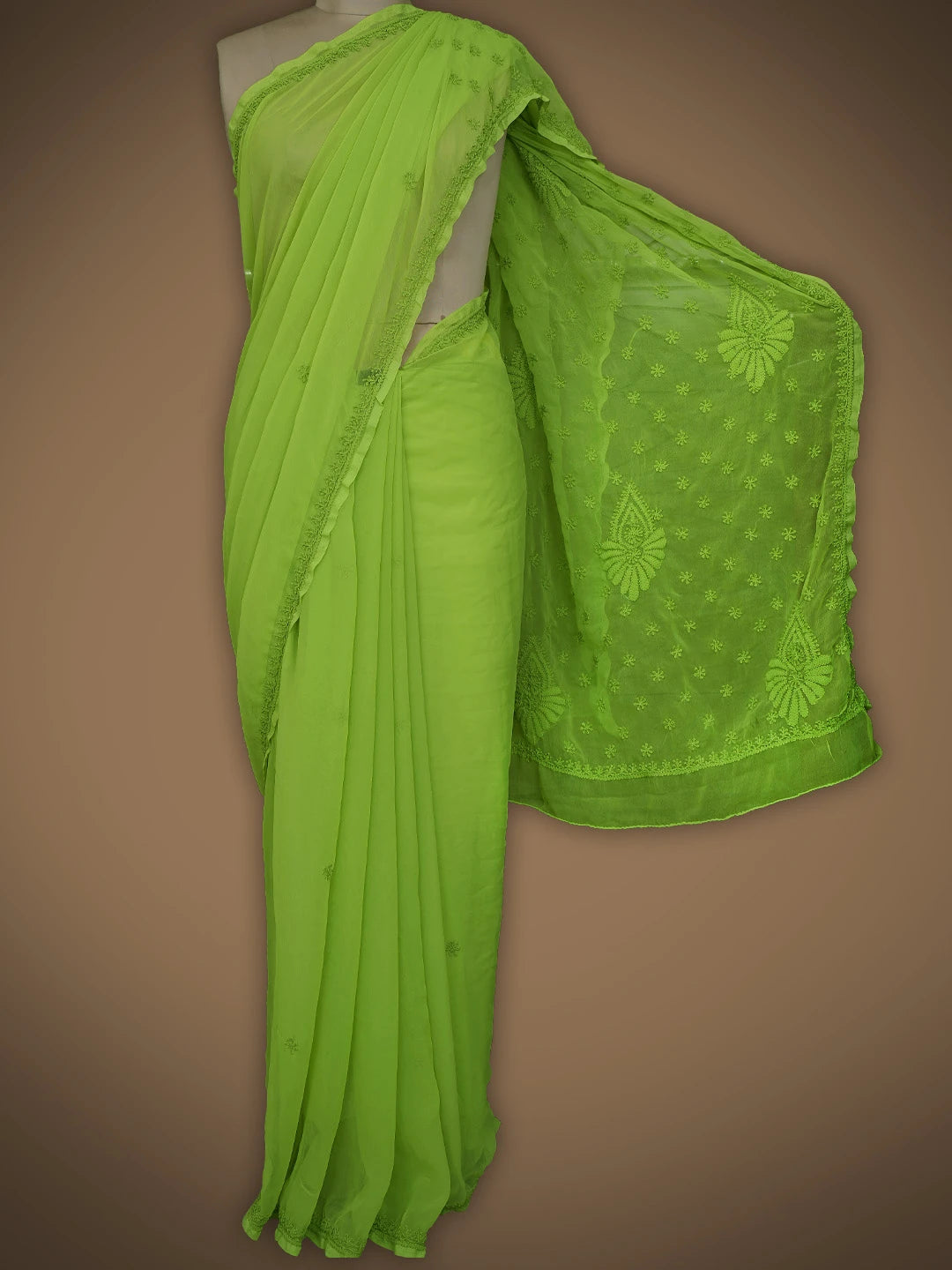 Ada Hand Embroidered Apple Green Georgette Lucknowi Chikankari Saree With Blouse 01A764126